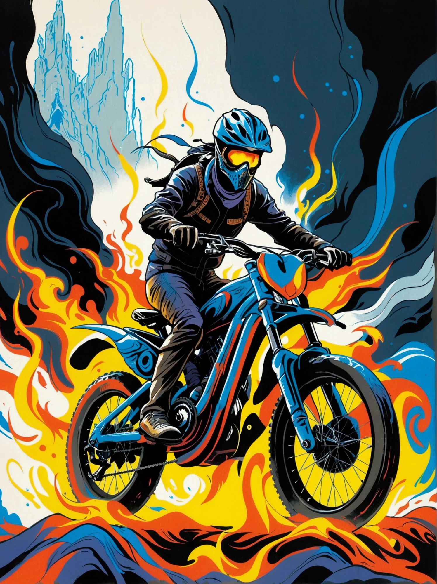 ([negative space:0.8:1.5]), A terrifying apparition, embodying the essence of a daring mountain bike rider, drenched in ethereal flames, emerges from a dramatic and slightly eerie Indian backdrop. Ethnic motifs, symbols and elements of Indian architecture should be clearly visible in the scene, subtly hinting at the ghostly mountain bike riders geographical origins. The character, dressed in a worn leather jacket and spiked helmet, sits astride a heavily modified mountain bike, which also appears to be engulfed in the same phantom flames. The overall image should convey a sense of the otherworldly, contrasting with the undeniable love of unbridled mountain bike adventures, colorful cartoon-style illustration from an award winning animated movie, illustrated in bold outlines, showcasing its colors and shapes. The character is depicted adorned colorful energy against a white background, [mythical creature:0.8]