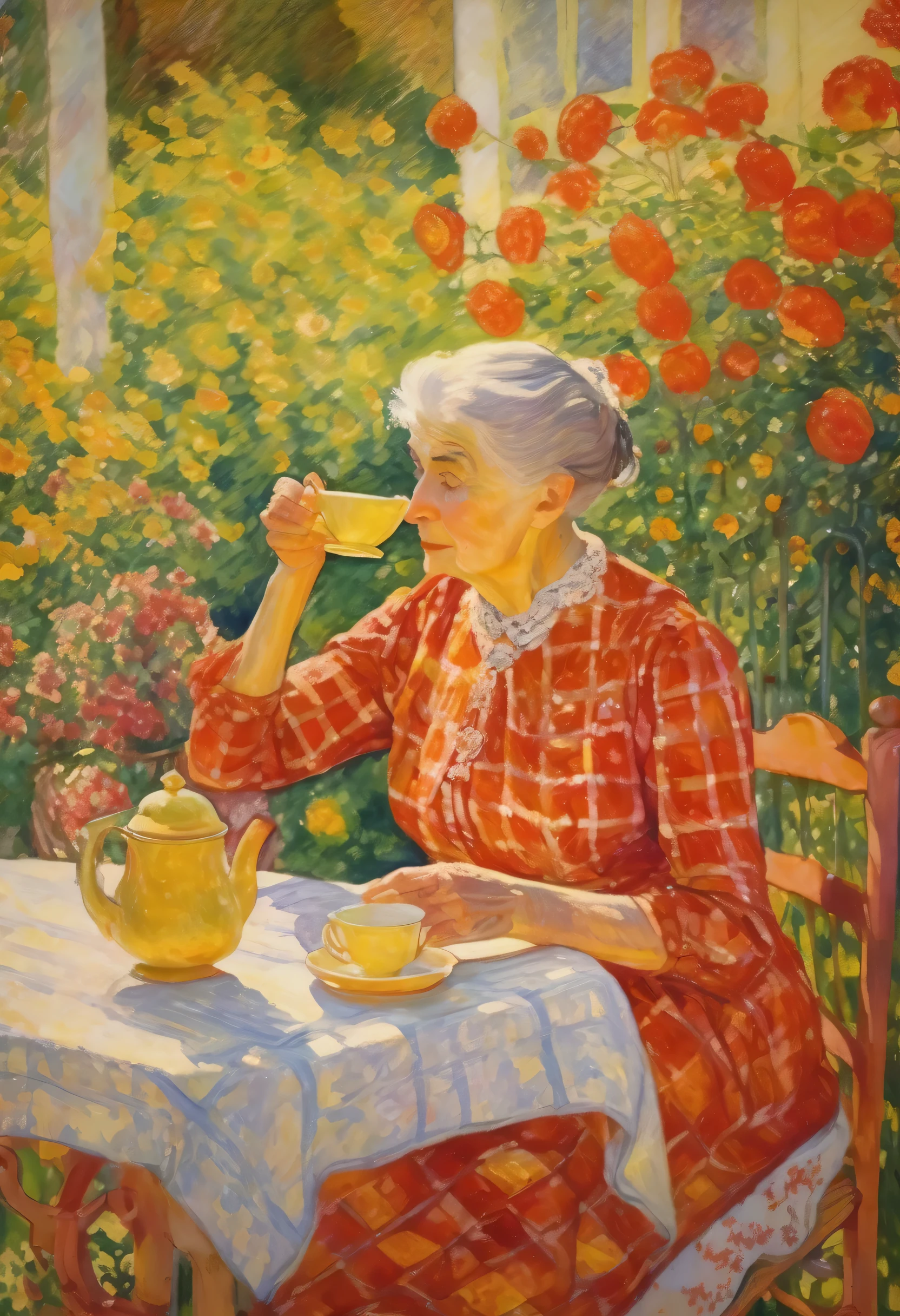 Pierre Bonnard Style, top quality, super detailed, elegant old lady drinking tea, red check cloth on garden table, ceramic tea utensils with delicate floral pattern, English garden, bright and gentle sunlight, masterpiece