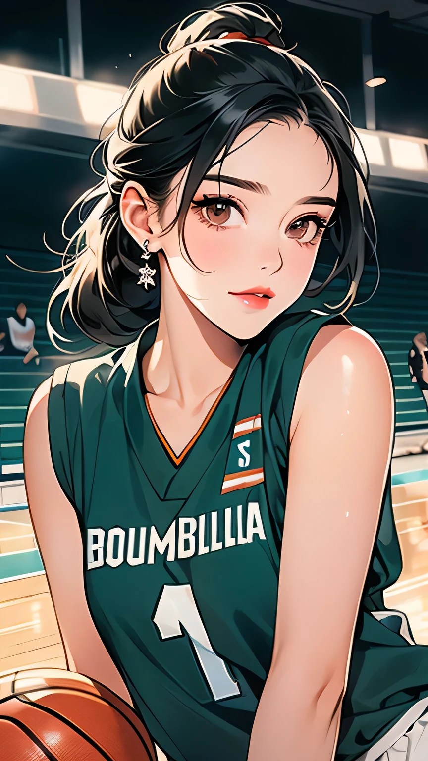 1girl, (((A very beautiful 25 year old))), cute、Looking at this、 ((Beautiful low ponytail)), Detailed face、Detailed body、とってもcute顔, Glossy Lips, Double eyelids on both eyes,Natural smile、 Natural Makeup, Long eyelashes, Shiny and smooth hair、Perfect limbs, Perfect Anatomy,(((Basketball Sleeveless Uniform)))、,(Wet with sweat), masterpiece, 最high quality, high quality, High resolution, ((Upper body portrait))、sexy、On the outdoor basketball court