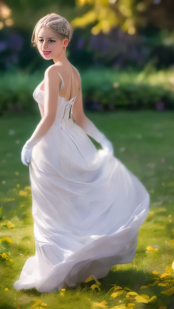 (photo realistic:1.55), masterpiece, best quality, detailed, blurry, depth_of_field, blurry_background, blurry_foreground, 1girl, gloves, white_gloves, dress, motion_blur, photo_(medium), solo, white_dress