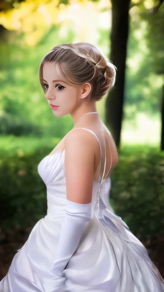 (photo realistic:1.55), masterpiece, best quality, detailed, blurry, depth_of_field, blurry_background, blurry_foreground, 1girl, gloves, white_gloves, dress, motion_blur, photo_(medium), solo, white_dress