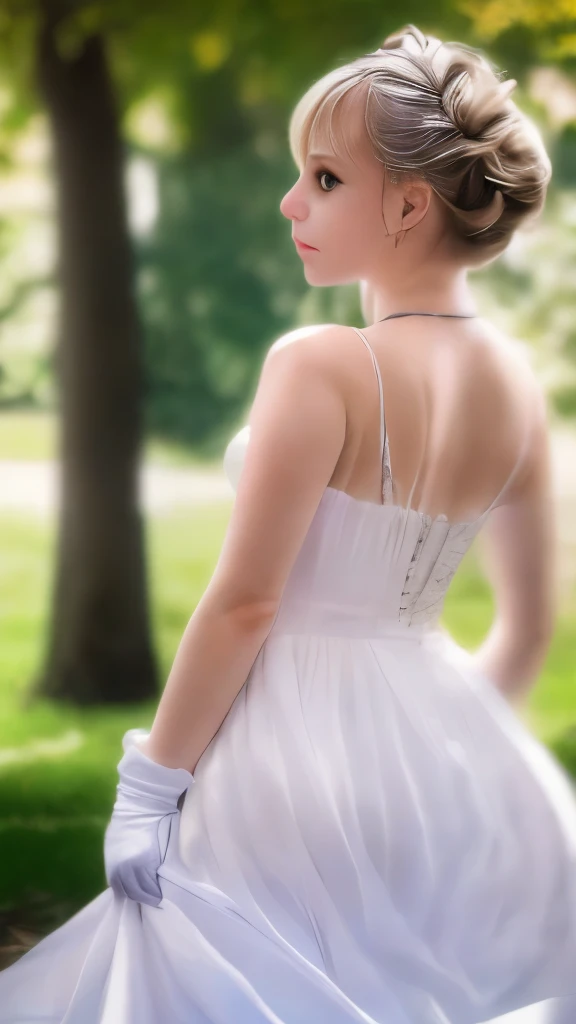 (photo realistic:1.55), masterpiece, best quality, detailed, blurry, depth_of_field, blurry_background, blurry_foreground, 1girl, gloves, white_gloves, dress, motion_blur, photo_(medium), solo, white_dress