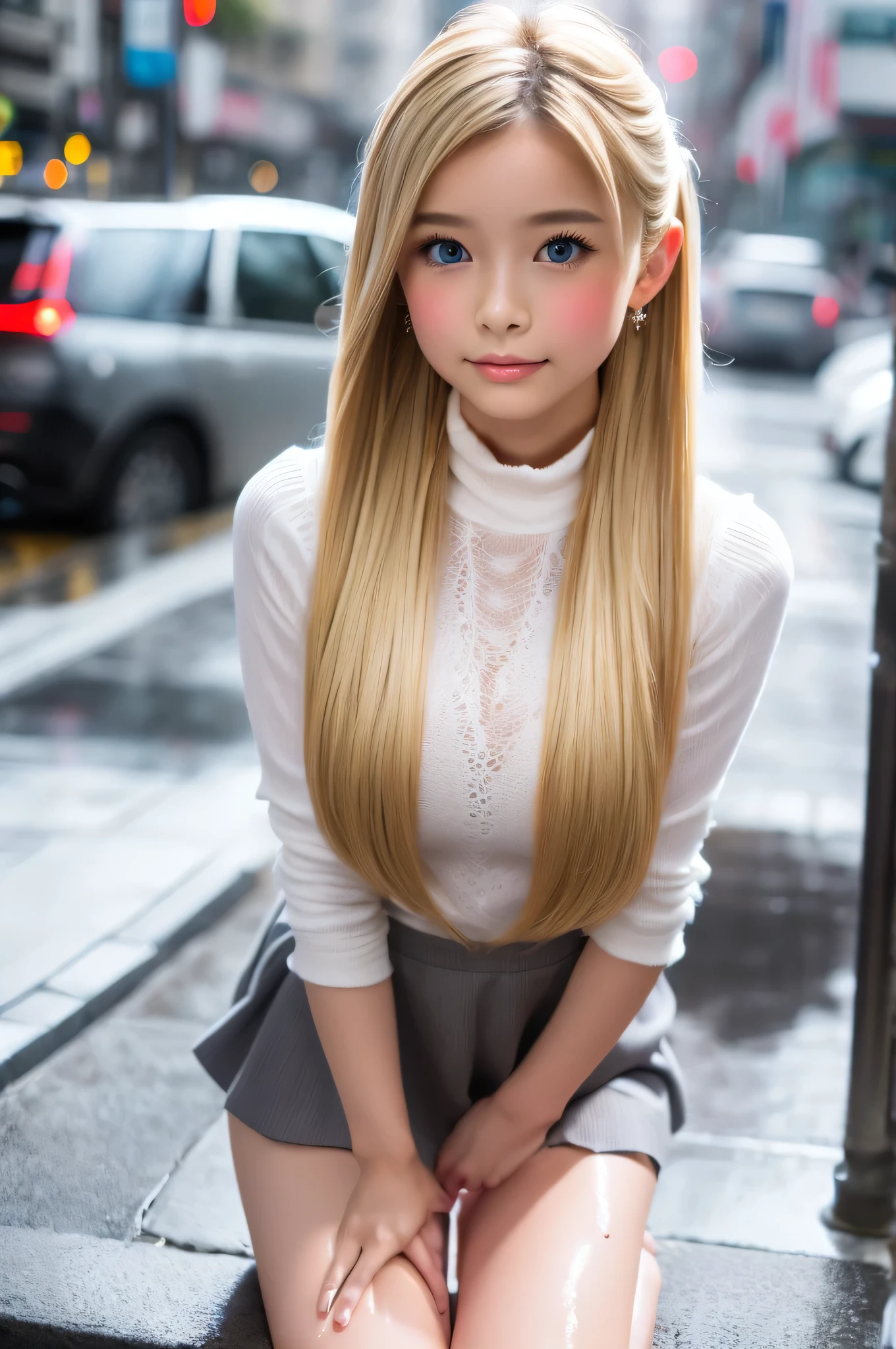 ((Highest quality)), ((masterpiece)), (detailed), Braided long hair, ((Blonde hair)), Beautiful girl, Very Cute Eyes, False eyelashes, (((Watery eye))), (Blushed:1.3), (erect penis with ejaculation:1.25), Glossy thick lips, Gorgeous ring-shaped earrings, shiny snow-white skin, (very short mini-skirt), altar, ((legs up)), White knee-high rubber boots, outside, rained, crowded city, fogg