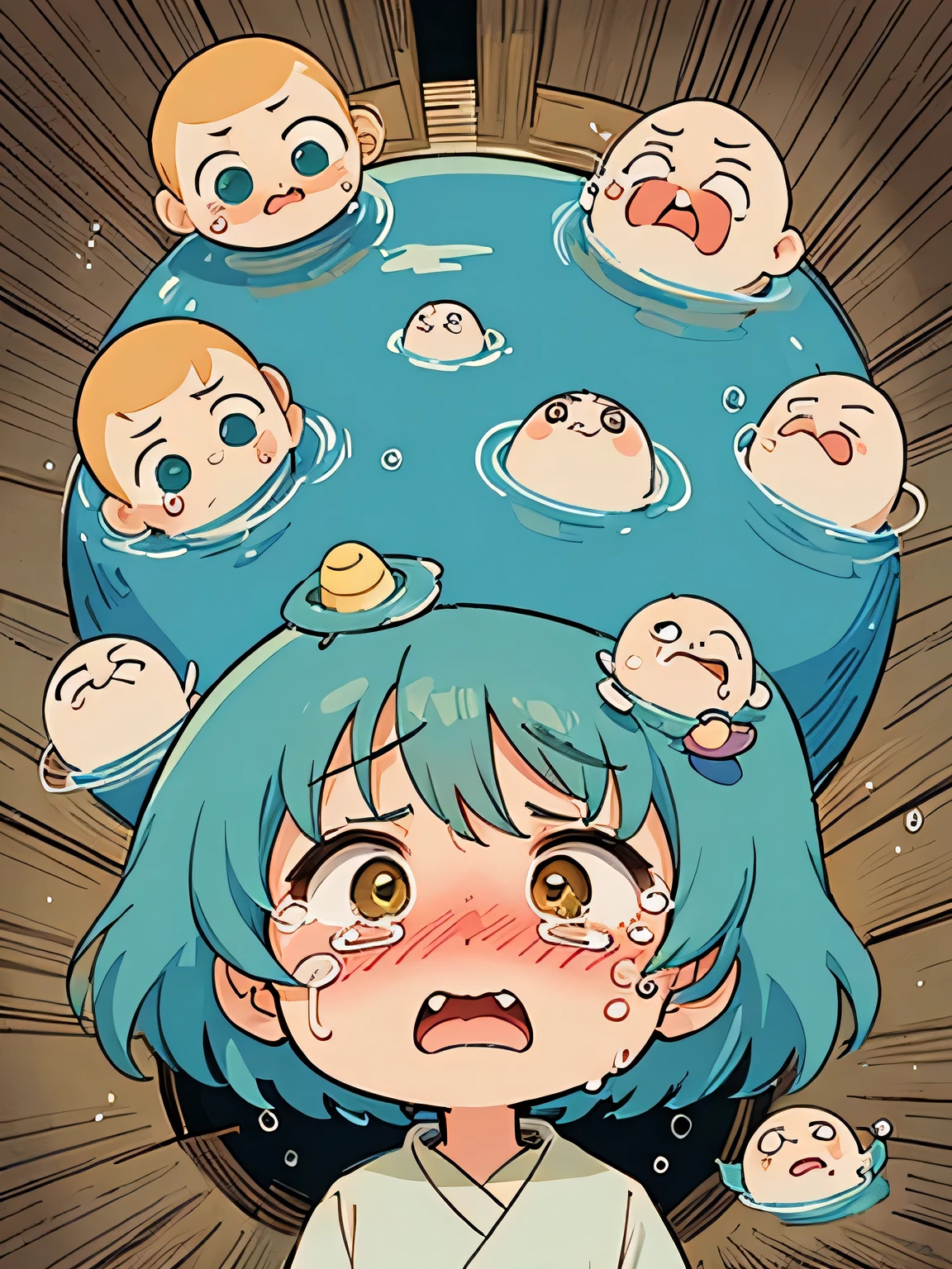 Hayao Miyazaki style, Kawaii Design, most beautiful girl ever、chibi, (((earthquake))), Lots of cute aliens, Saturn in the background, (((Crying face))), (((Big tears)))
