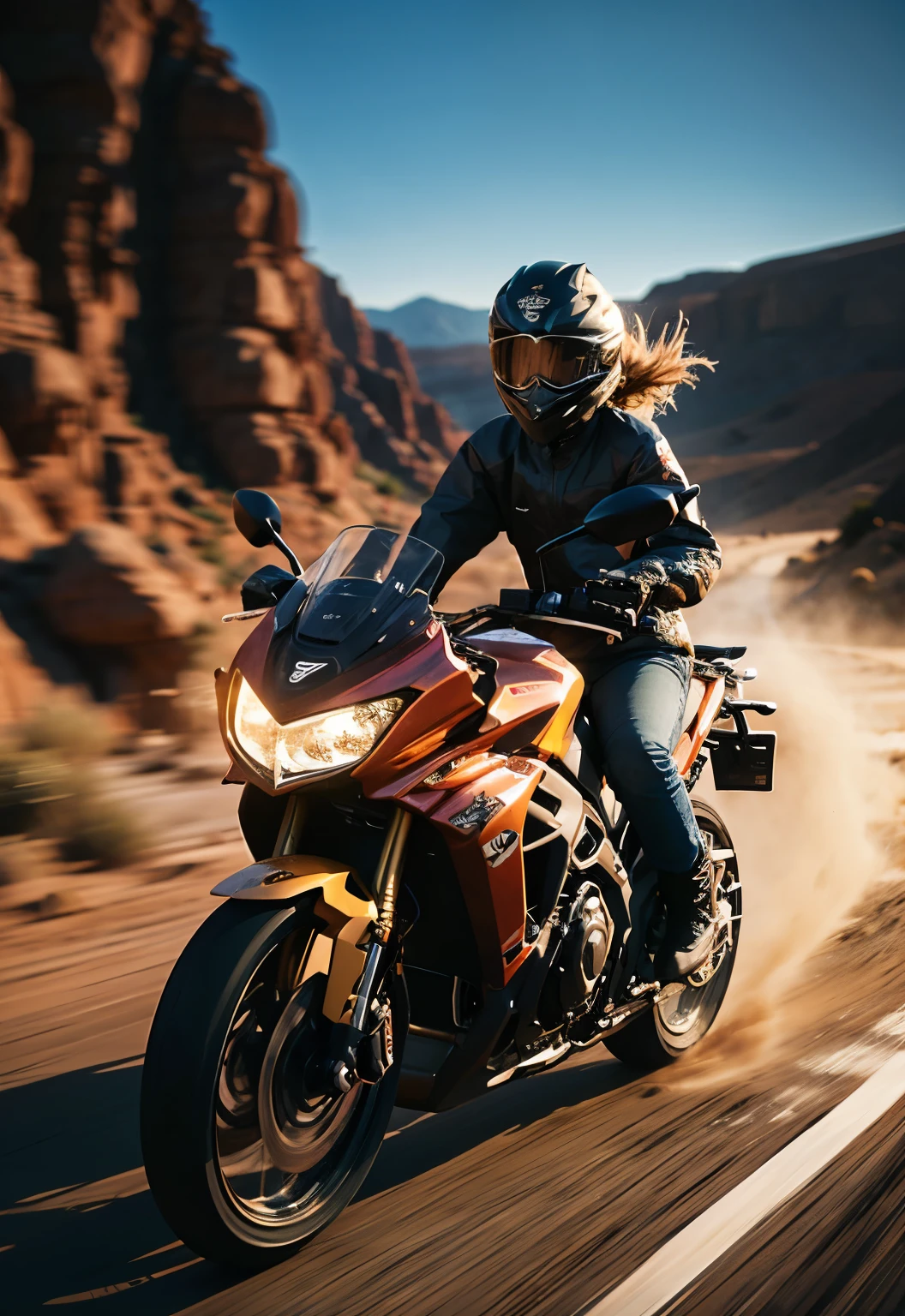 1girl,motor vehicle, lights,glowing,motion blur,dust,eyewear, Desert