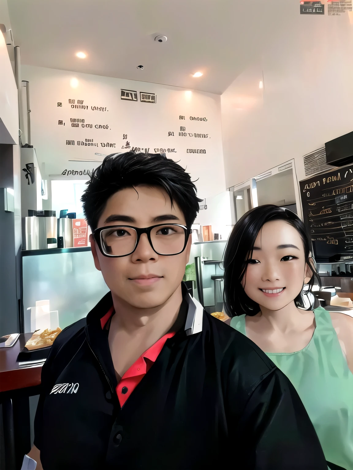 cartoon style,there are two people standing in a restaurant with a menu behind them, captured on iphone, post, standing in a restaurant, shot on leica sl2, taken on go pro hero8, taken in the early 2020s, ruan jia and brom, shot on nikon z9, photo taken in 2 0 2 0, reddit post