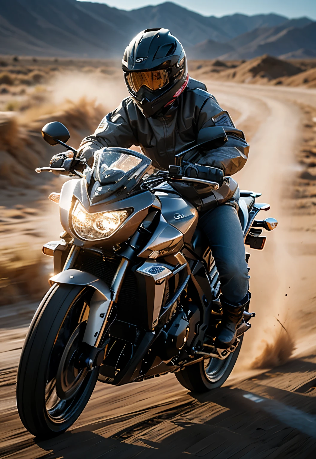 1girl,motor vehicle, lights,glowing,motion blur,dust,eyewear, Desert