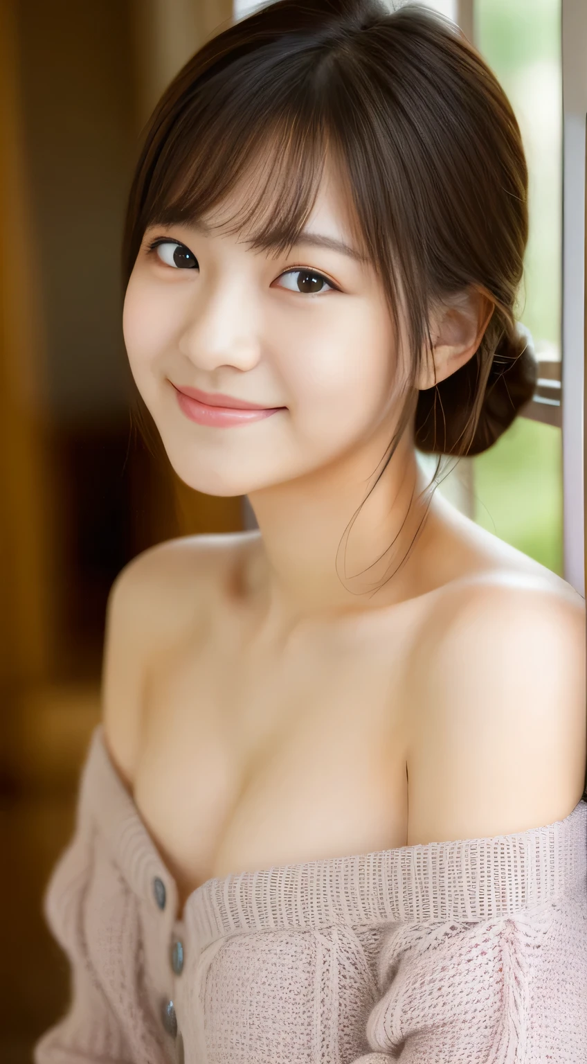 masterpiece,best quality,(Japanese girl),((Beautiful girl)),cleavage,(off shoulder:1.2),(perfect body beauty:1.2),(shy smile),From slightly above