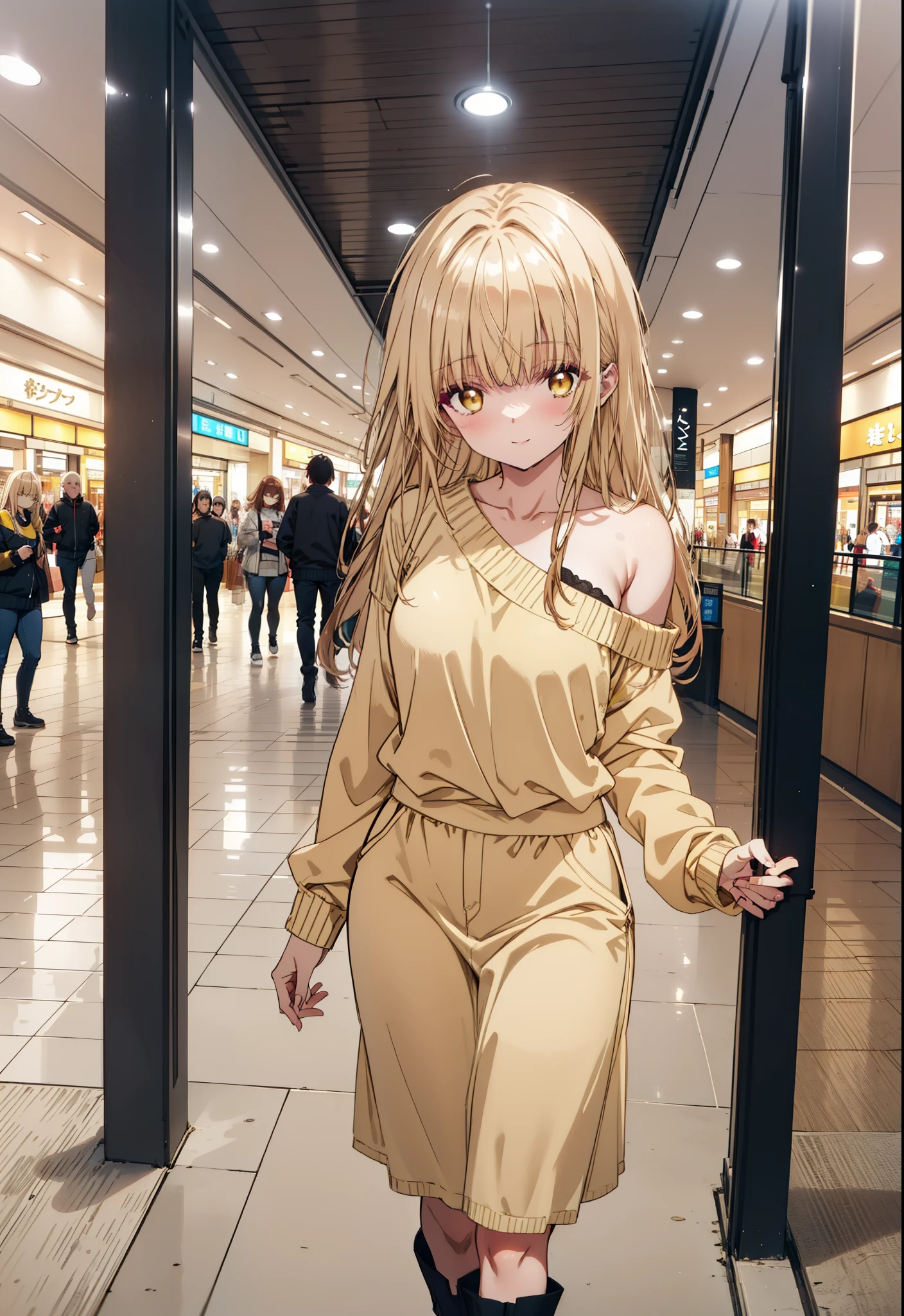 mahirushiina, mahiru shiina, Long Hair, bangs, Blonde, Brown Hair, (Yellow Eyes:1.3), smile,One-shoulder sweater,Long skirt,Black pantyhose,short boots,Walking,whole bodyがイラストに入るように,
break indoors, Shopping mall,
break looking at viewer, whole body,
break (masterpiece:1.2), Highest quality, High resolution, unity 8k wallpaper, (figure:0.8), (Beautiful attention to detail:1.6), Highly detailed face, Perfect lighting, Highly detailed CG, (Perfect hands, Perfect Anatomy),