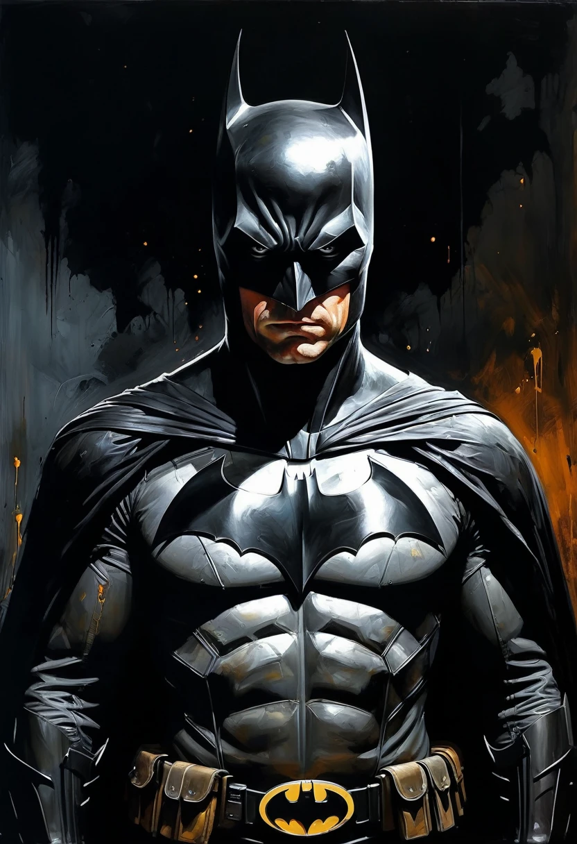 Batman, top hard light, dark environment, black over black, highly detailed, melancholic, masterful painting in the style of Aleksi Briclot, oil on canvas