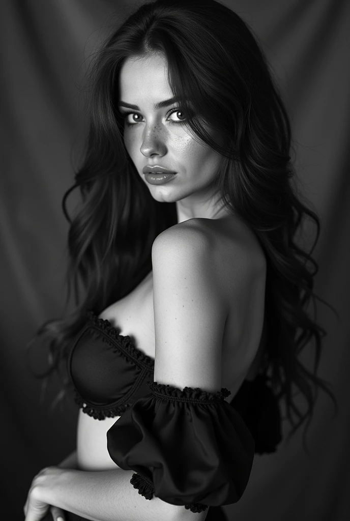 ((Best Quality)), ((masterpiece)), (detailed), realistic photo of a perfect face of a beautiful woman with long, dark red hair, russian, man of influence, light freckles, dark brown eyes, big lips, without makeup, Instagram, a black and white photo of a woman in lingerie, by Matija Jama, tumblr, wearing a black thong, pull apart, ✨🕌🌙, Hourglass! slim figure, voluminous sleeves, detailed silhouette, beautiful belly, big ass , Untitled, Leaked image, graphic", untrimmed, ❤🔥🍄🌪 big breasts