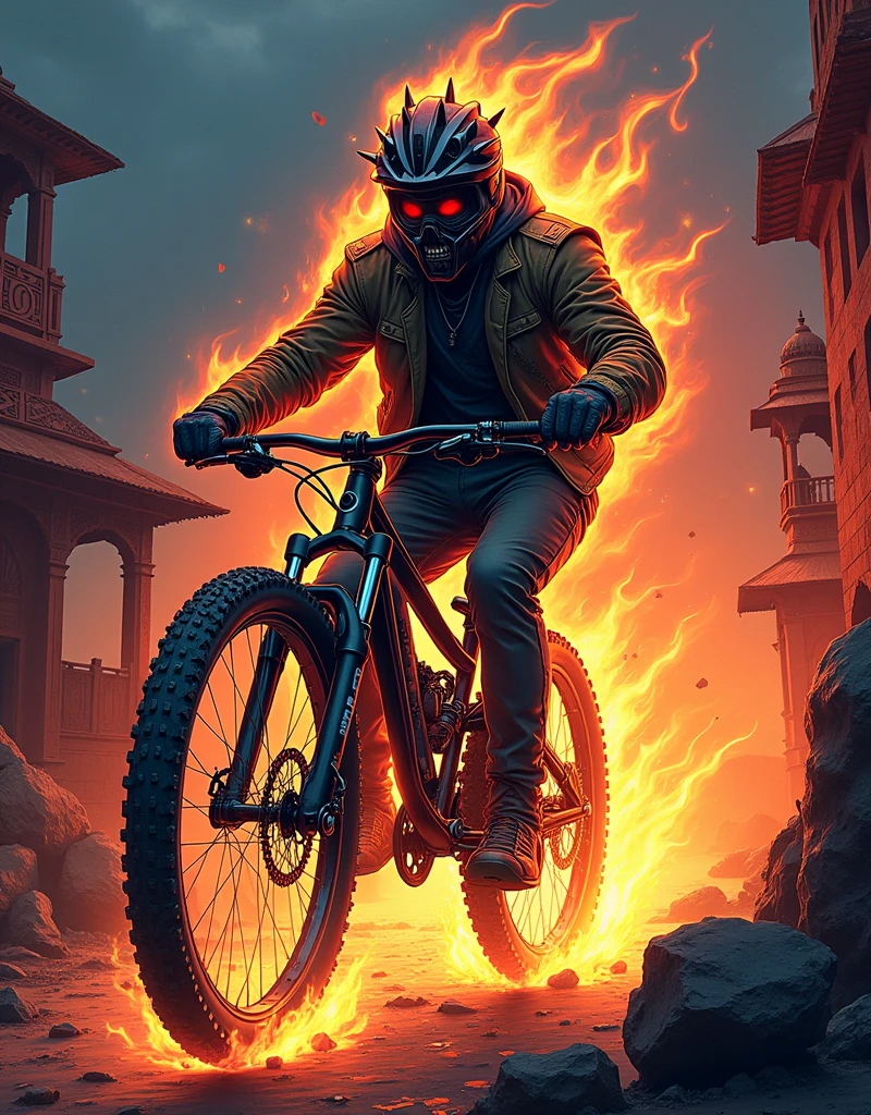 A scary ghost，It embodies the essence of a fearless Mountain bike rider，The whole body is soaked in illusory flames，Emerges from a dramatic and slightly eerie Indian backdrop。Ethnic motifs、Symbols and Indian architectural elements should be clearly visible in the scene，subtly hinting at the geographical origin of the Ghost Mountain bike rider。The figure is wearing a worn leather jacket，Wearing a spiked helmet，astride a heavily modified Mountain bike，the Mountain bike itself appears to be consumed by the same ghostly flames。The overall image should convey a supernatural feeling，in stark contrast to the undeniable love for rampant Mountain bike adventures，colorful cartoon-style illustration from an award winning animated movie, illustrated in bold outlines, showcasing its colors and shapes. The character is depicted adorned colorful energy against a white background