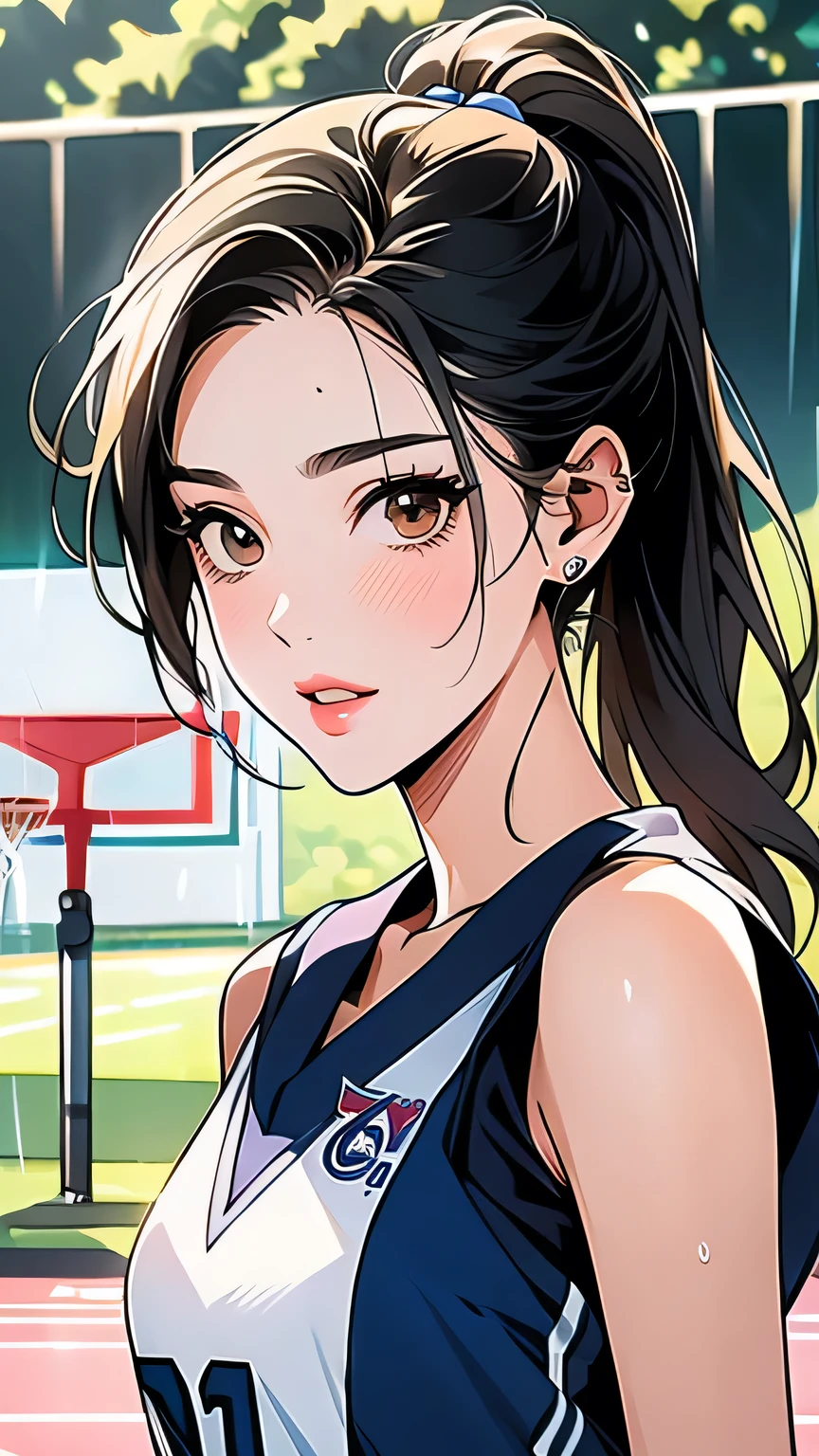 1girl, (((A very beautiful 25 year old))), cute、Looking at this、 ((Beautiful low ponytail)), Detailed face、Detailed body、とってもcute顔, Glossy Lips, Double eyelids on both eyes,Natural smile、 Natural Makeup, Long eyelashes, Shiny and smooth hair、Perfect limbs, Perfect ???????,(((Basketball Sleeveless Uniform)))、,(Wet with sweat), masterpiece, 最high quality, high quality, High resolution, Portrait、sexy、On the outdoor basketball court