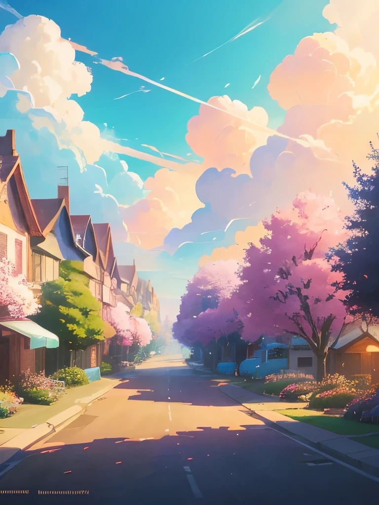 a painting of a street with flowers and houses, by sylvain sarrailh, beautifull puffy clouds. anime, beautiful anime scene, by Kubisi art, beautiful anime scenery, anime scenery, anime vibes, anime background art, anime sky, by Ryan Yee, ross tran. scenic background, by Kamagurka, anime landscape