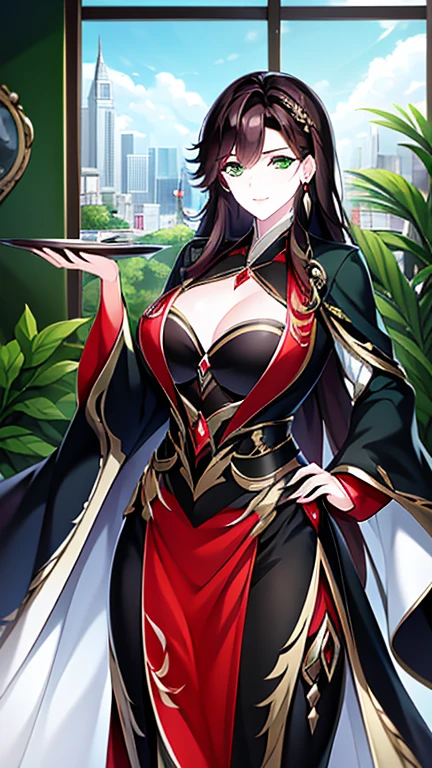 anime style illustration a beautiful and elegant woman in her late 30s with long, flowing dark hair and captivating green eyes. She is dressed in a sophisticated, hanfu chinese dress, that highlights her authoritative and commanding presence. She stands in a luxurious office, behind a large mahogany desk, with an aura of confidence and power. The office is adorned with lavish decorations and a panoramic window view of a bustling cityscape, emphasizing her status as a powerful businesswoman. Her expression is one of intelligence and determination, yet there is a hint of warmth and allure in her gaze.