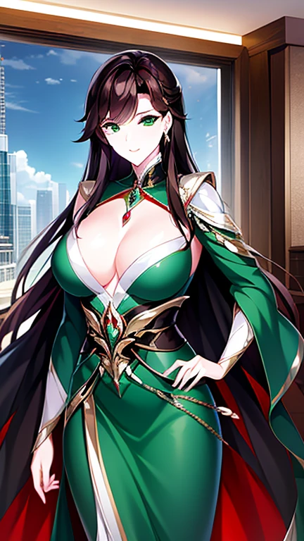 anime style illustration a beautiful and elegant woman in her late 30s with long, flowing dark hair and captivating green eyes. She is dressed in a sophisticated, hanfu chinese dress, that highlights her authoritative and commanding presence. She stands in a luxurious office, behind a large mahogany desk, with an aura of confidence and power. The office is adorned with lavish decorations and a panoramic window view of a bustling cityscape, emphasizing her status as a powerful businesswoman. Her expression is one of intelligence and determination, yet there is a hint of warmth and allure in her gaze.