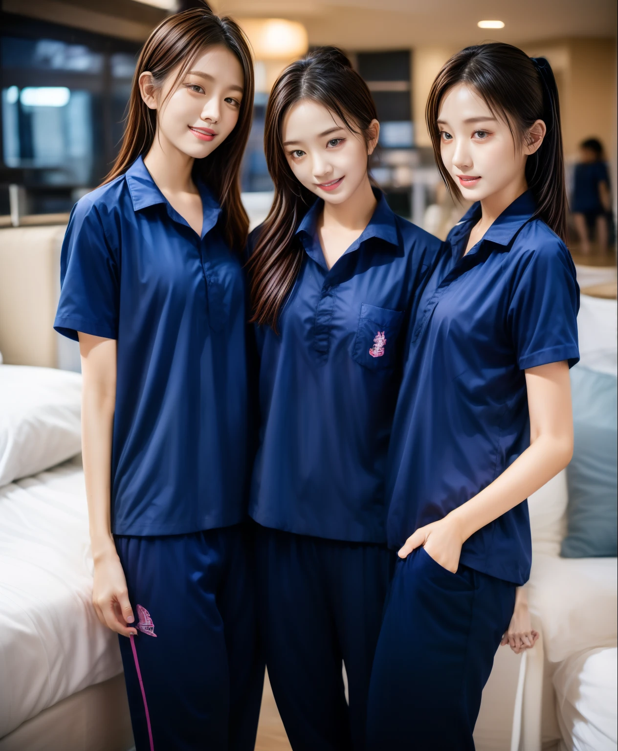 3 girls sleep on bed, Navy blue short-sleeved shirt,Navy Long Trackpant,Sweatpants, Sweatpantsขายาว,25 year old girl, lesbian, sexy, exercise clothes, wet body, exercise clothes