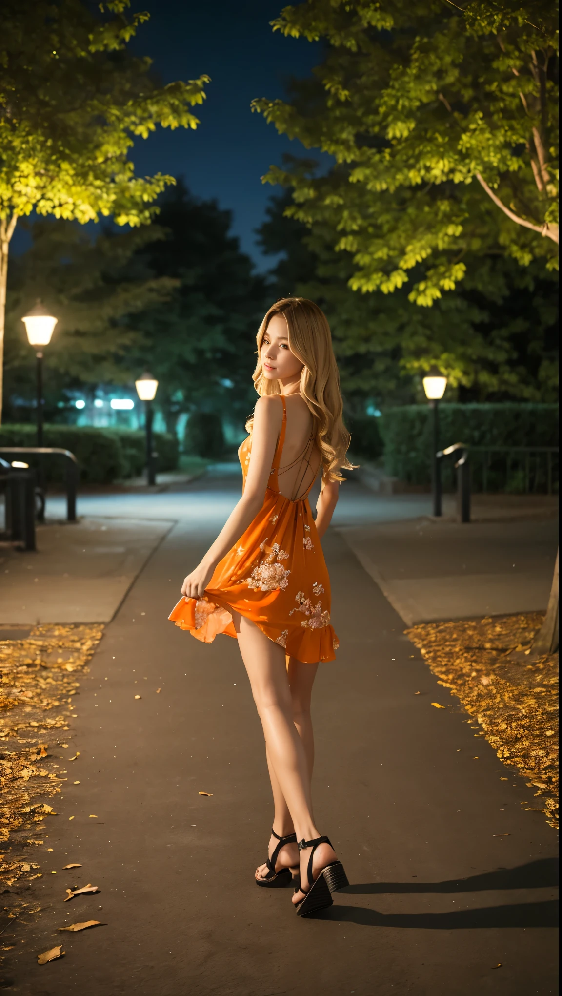 Full Body Shot、Outdoor、masterpiece、Highest quality、High resolution、Realistic、Park at night in pitch black、A woman wearing an orange see-through dress walking alone in a dark, deserted park、The back view of an 18-year-old beautiful girl wearing a white and orange floral dress.、looking back、A beautiful woman flees in fear from a man approaching her in a park in the middle of the night、With her long, wavy, dark blonde hair fluttering、Long legs、Beautiful legs、Platform Sandals、slim、model、Slender、若くてセクシーなグラビアmodel、Chest visible from the side、looking at the camera、Looking up、Permed, long, dark blonde hair、