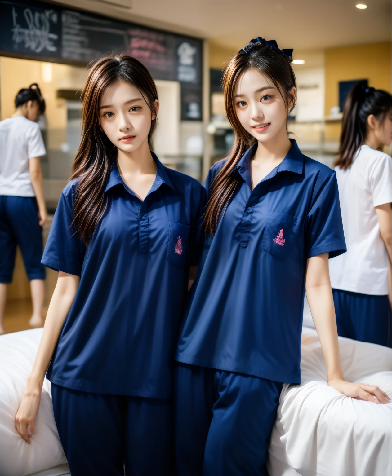 3 girls sleep on bed, Navy blue short-sleeved shirt,Navy Long Trackpant,Sweatpants, Sweatpantsขายาว,25 year old girl, lesbian, sexy, exercise clothes, wet body, exercise clothes