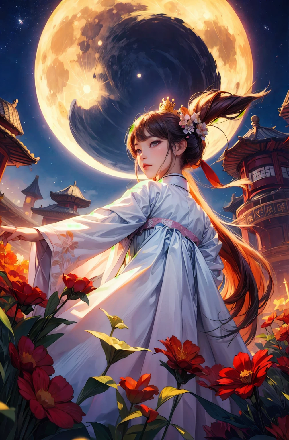 best quality, high_resolution, distinct_image, detailed background ,girl, hanbok,flower,garden,moon, night,dutch angle, wide shot, crown,