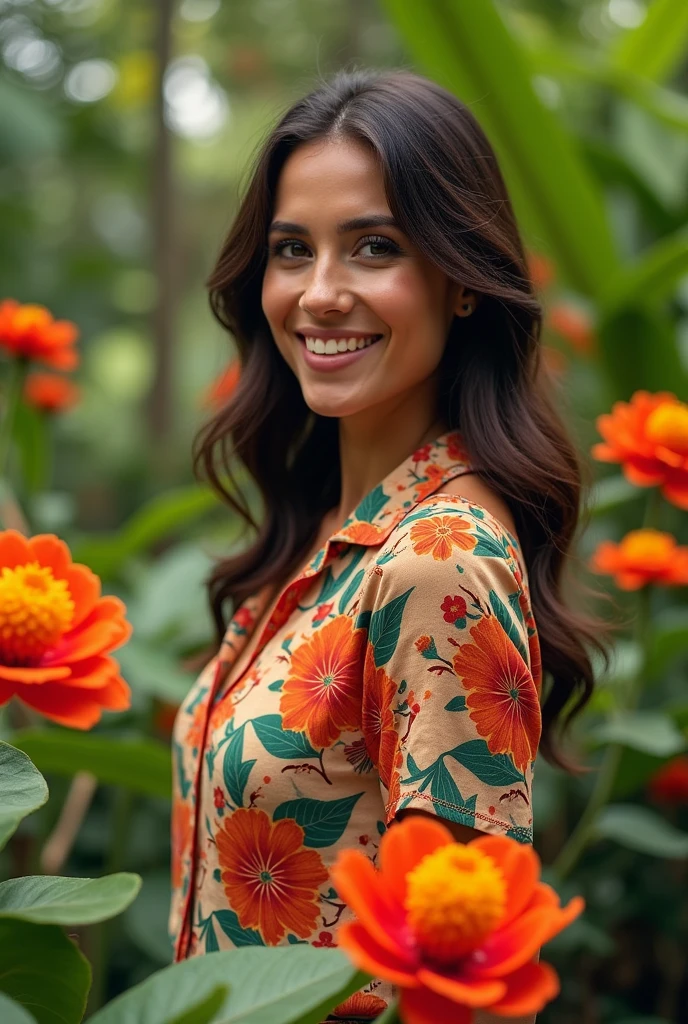 A Brazilian woman in a lush tropical garden, wearing an open shirt with a floral print, with a close-up capturing the harmonious beauty between her breasts and the natural flowers, showing off your natural charm and outgoing personality.