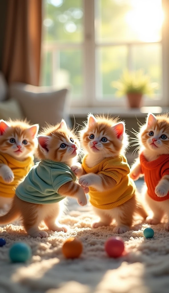 Cute real-life kittens　Are standing　Wearing clothes