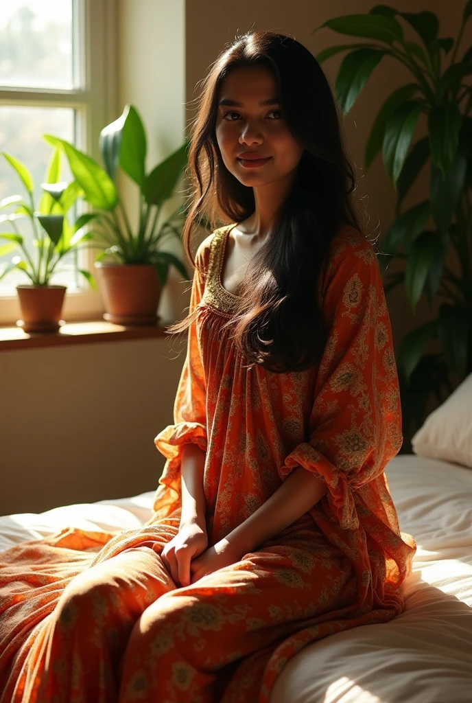 beautiful Bangladeshi woman, sitting forward on bed, wearing gorgeous dress, long silky hair, indoors, soft lighting, plants in background, window with sunlight, cozy room, relaxed pose, realistic, intricate details, warm colors, by Greg Rutkowski, by Alphonse Mucha