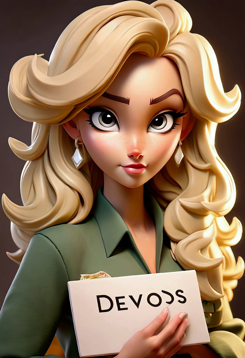 NSFW, hot blonde babe holding a namesign with the text "Devos"