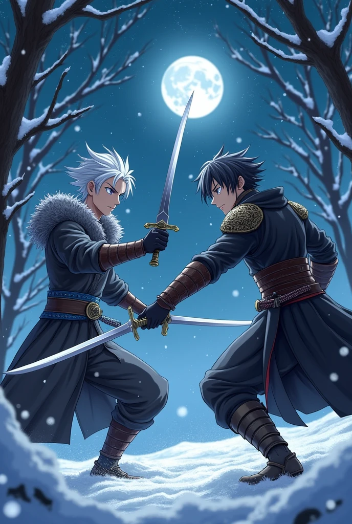 A very even fight in the snow in a snowy forest at night in which a young 17-year-old man with a height of 1,76 meters with white hair with a black streak, with blue eyes that glow in the dark with a light skin color with two white katanas which fights with a 19 year old man with dark gray hair with a height of 1,78 meters with dark gray eyes with a touch of purple which has leather armor and uses two double-edged swords(a light grey one with red, and the other one is black with gold). Anime style and that the details are clearly visible. And let the fight be seen up close
