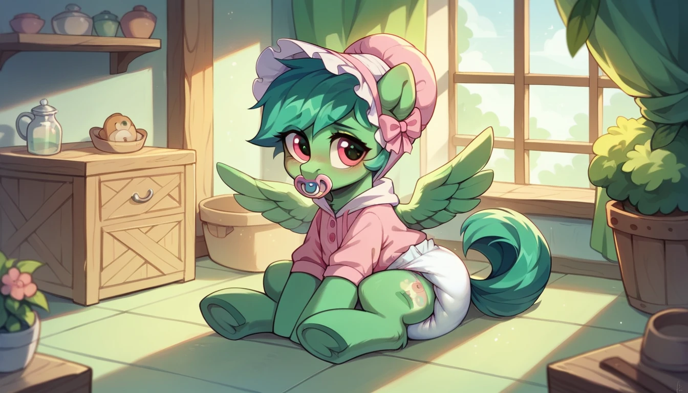 pony, Pegasus, adult filly, emerald green fur, a lush mane, gathered in a bonnet, bushy tail, sitting in the room on a soft play mat, dressed in onesie and booties, pacifier in mouth, solo, thick diaper under clothes.