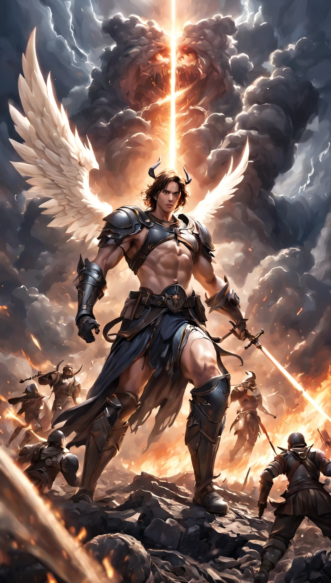 (best quality,4k,8k,highres,masterpiece:1.2),ultra-detailed,(realistic,photorealistic,photo-realistic:1.37),Michael the warrior angel,set in an apocalyptic battlefield,legion of angel soldiers,fierce battle with Satan,heavenly glow on the angels,angelic wings fluttering,powerful aura emanating from Michael,fiery sword in Michael's hand,determined expression on Michael's face,bright armor shining in the darkness,burning flames engulfing the battlefield,dark storm clouds in the sky,torrential rain pouring down,thunderbolts striking with every clash,destruction and chaos all around,the ground cracking and shaking,fallen angels and demons battling,immense power and energy in the air,divine light piercing through the darkness,Satan's menacing figure towering over the battlefield,intense and epic confrontation between good and evil,stormy weather intensifying the fight,dramatic composition with angels scattered across the scene.