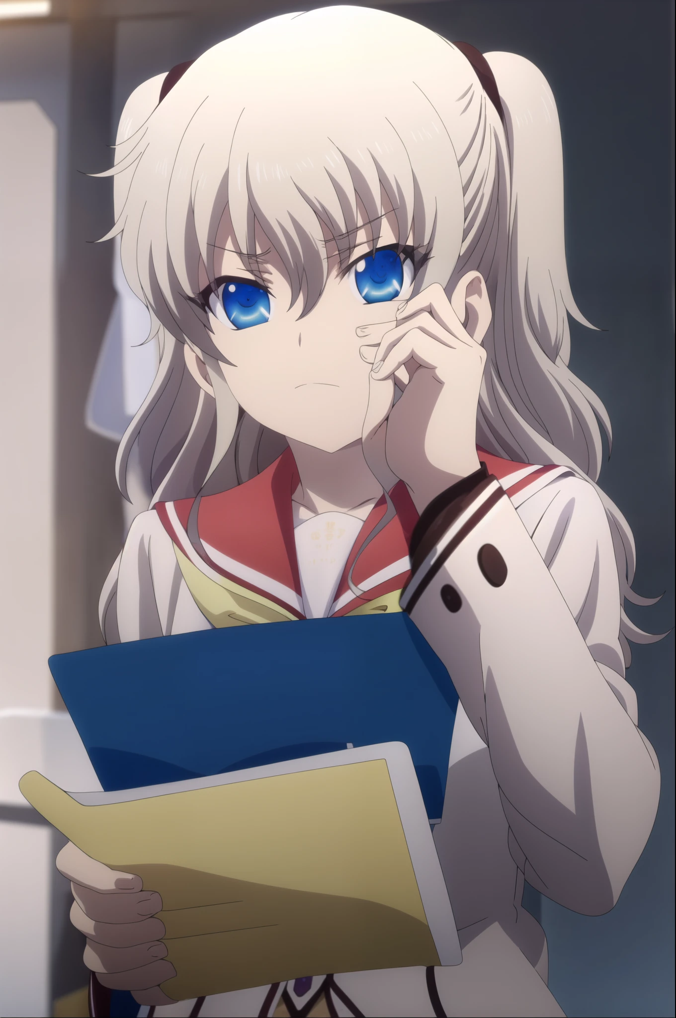 1girl, solo, best quality, masterpiece,   nao tomori,covering face with hand, school uniform, serafuku, sailor collar, hair between eyes, anime style, anime color, 2D