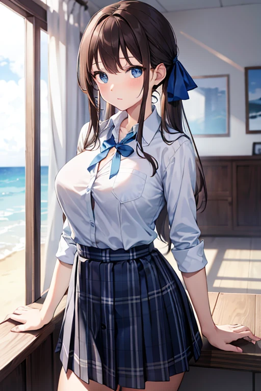 1 idle, Chocolate brown hair, Ocean Blue Eyes, Wearing an ocean blue checked skirt, Plain white button-up shirt with ocean blue ribbon , Absurd, High resolution, Super sharp, 8k, masterpiece、Large Breasts