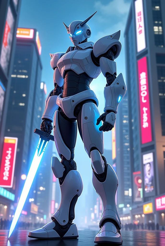 robot, humanoid, futuristic anime robot, white body, with accent blue, sword in right hand, wearing a formal shirt