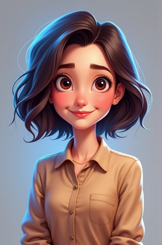 A woman, short shoulder length hair with slightly wavy hair and side parting like a TV presenter style, Pixar cartoon style with normal eye proportions, cute and young face shape, Light brown eye color,  facial proportions, normal and not large nose proportions, brush strokes on the hair, wearing a formal women's shirt with a collar on the neck, light brown shirt merah,  Semi-caricature result with big head and , plain grey background, blue glow art light, hair and shoulder glow art light effect  