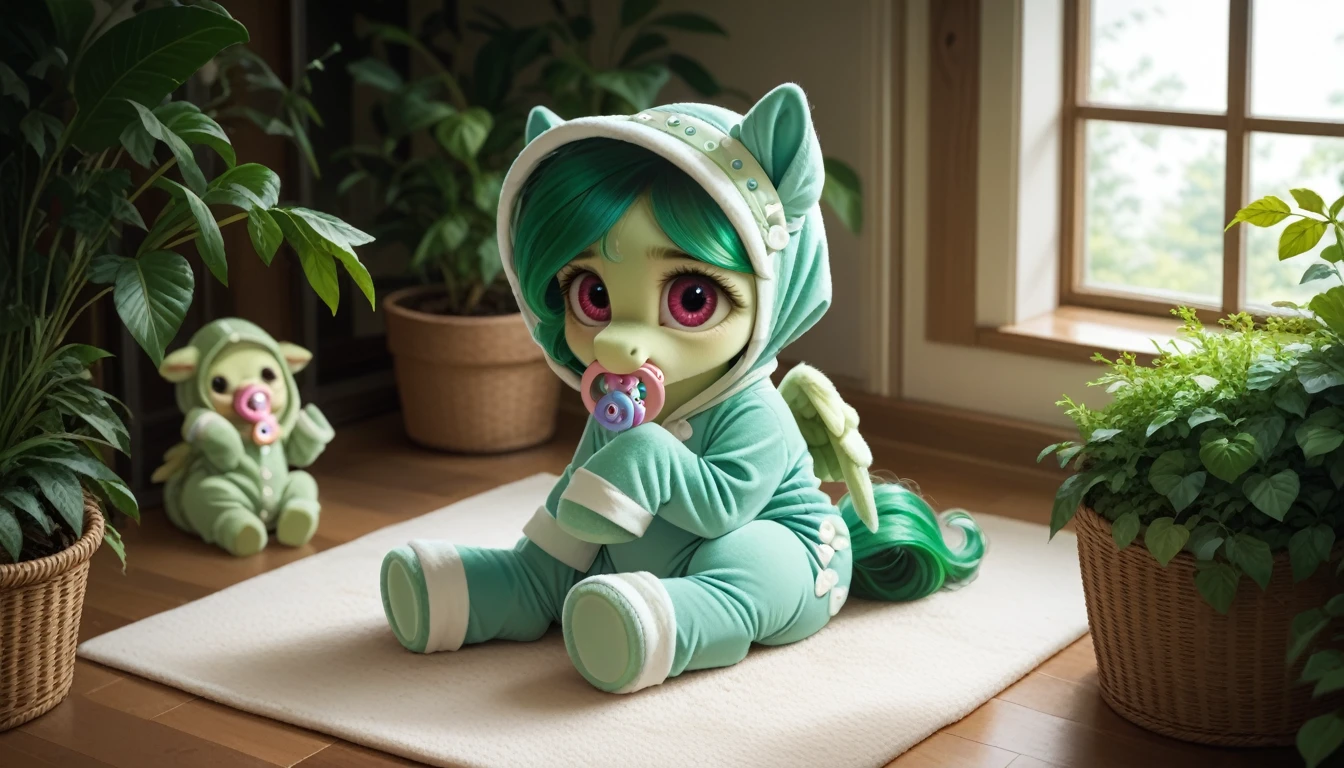 pony, Pegasus, adult filly, emerald green fur, a lush mane, gathered in a bonnet, bushy tail, sitting in the room on a soft play mat, dressed in onesie and booties, pacifier in mouth, solo, thick diaper under clothes, bulge on the back of the diaper, between the hind hooves and on the front of the diaper, sagging diaper.