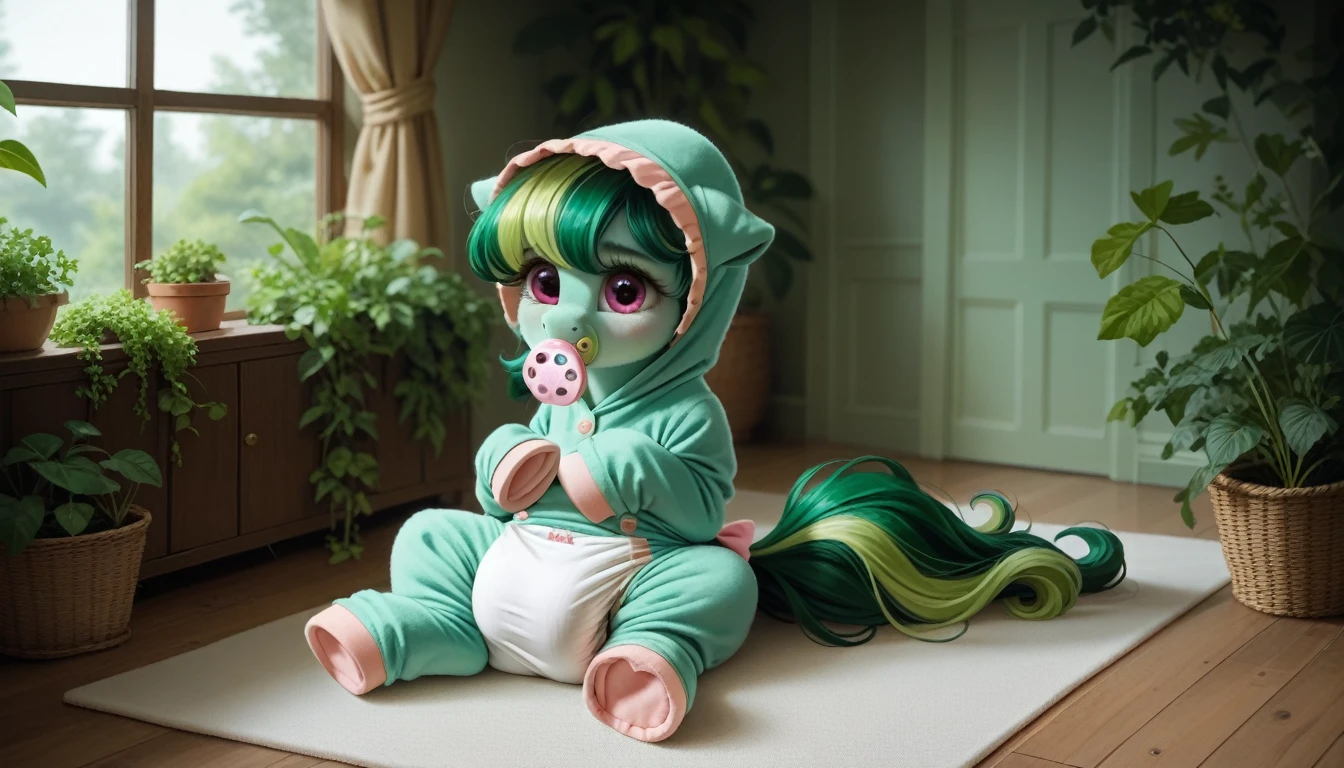 pony, Pegasus, adult filly, emerald green fur, a lush mane, gathered in a bonnet, bushy tail, sitting in the room on a soft play mat, dressed in onesie and booties, pacifier in mouth, solo, thick diaper under clothes.