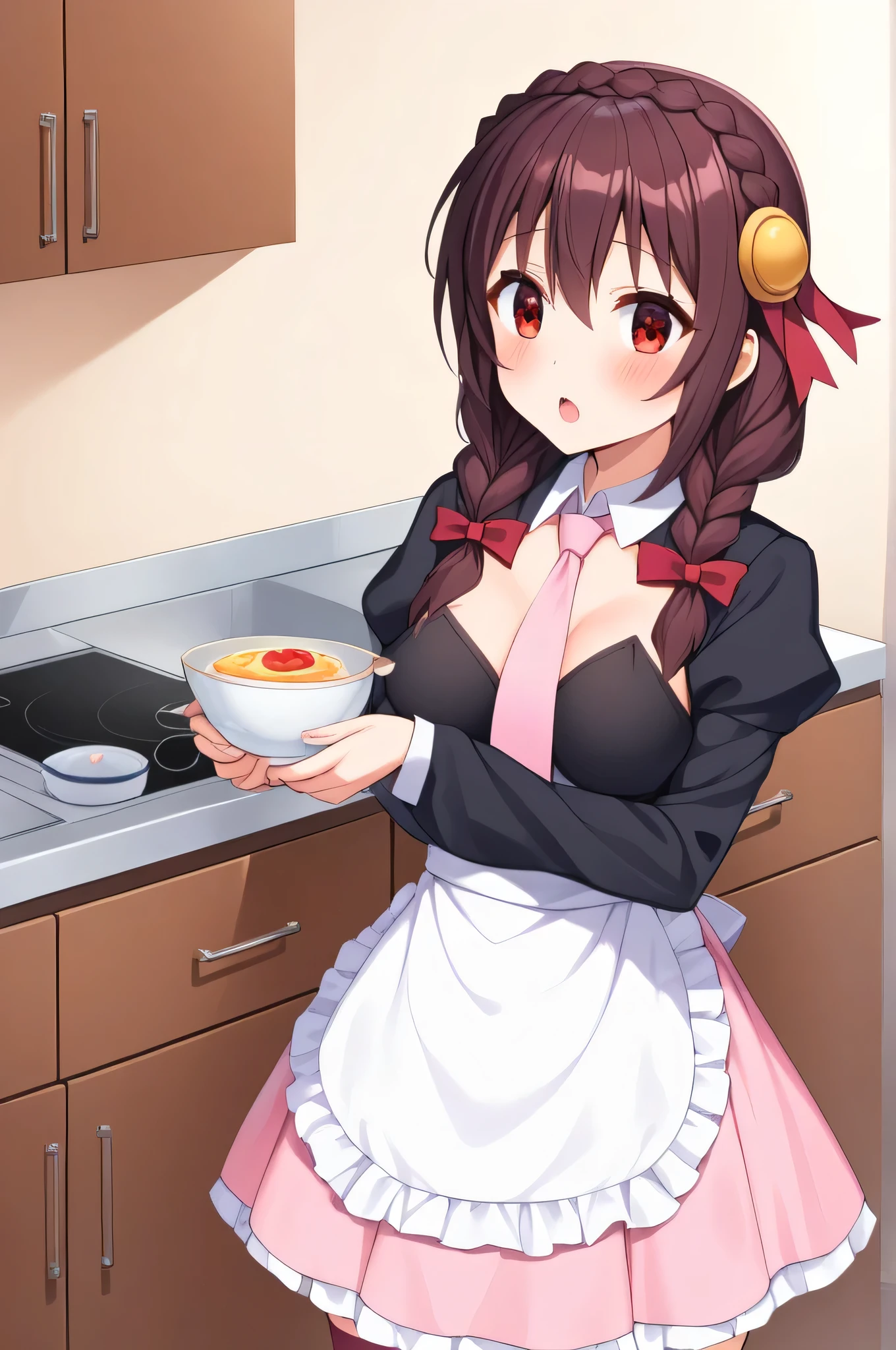 alone, One person, Yunyun, (Mouth open)、 (blush:1.2)、Crown braids of the same color as your hair, Red Eyes、hair ornaments, Hair Ribbon, Pink tie, Black long sleeve, Pink Skirt, Knee socks, Cleavage,  I'm making breakfast in the kitchen.、White apron、Standing