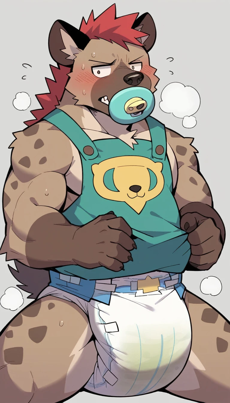 One person、((Male hyena wearing a dirty diaper)))、(middle aged)、Stubble、Grey body、long bangs hide the eyes、Furry、masterpiece、Highest quality、Sucking on a pacifier、bib、Embarrassed face、steam、Holding a stuffed toy、Dirty diaper、Wearing a tattered hero's costume
