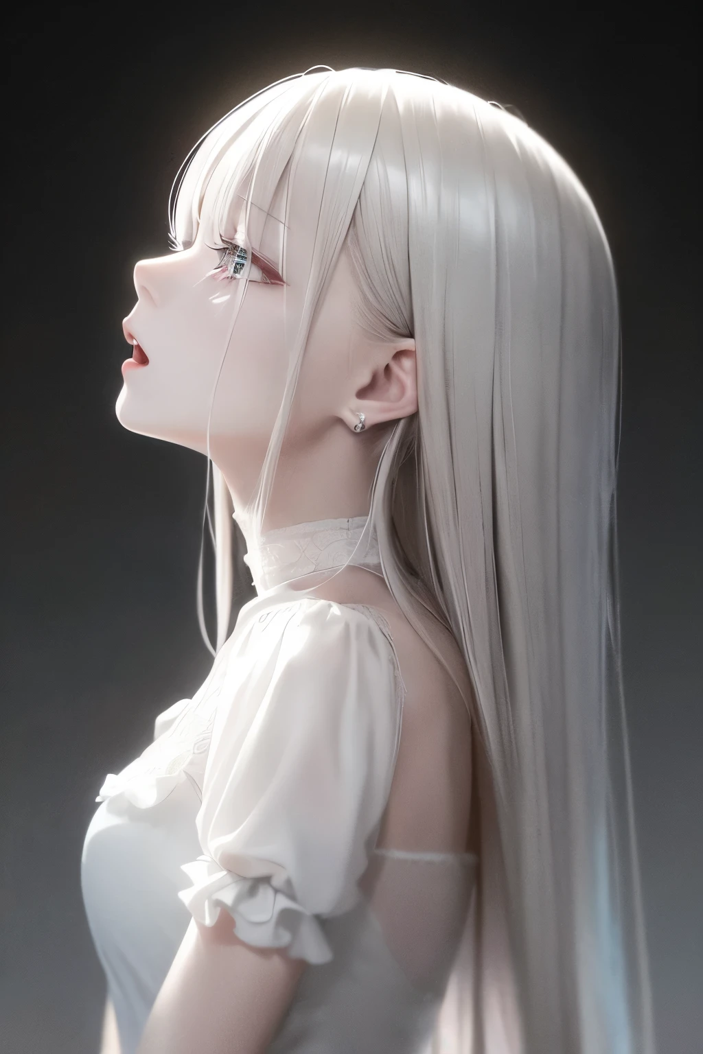 Staring at a bandaged man crying、（Crying）(a very delicate and beautiful)、（Maniacal）（（Sit down））（（The background feels dark））、a very delicate and beautiful)、（Black hair）（The upper part of the body）(profile)、dynamic ungle、portlate)、(smooth hair)、（Big eyes）Beautiful face、white-skinned、depth of fields、radiant lips、（mournful）Concrete background、Scream、