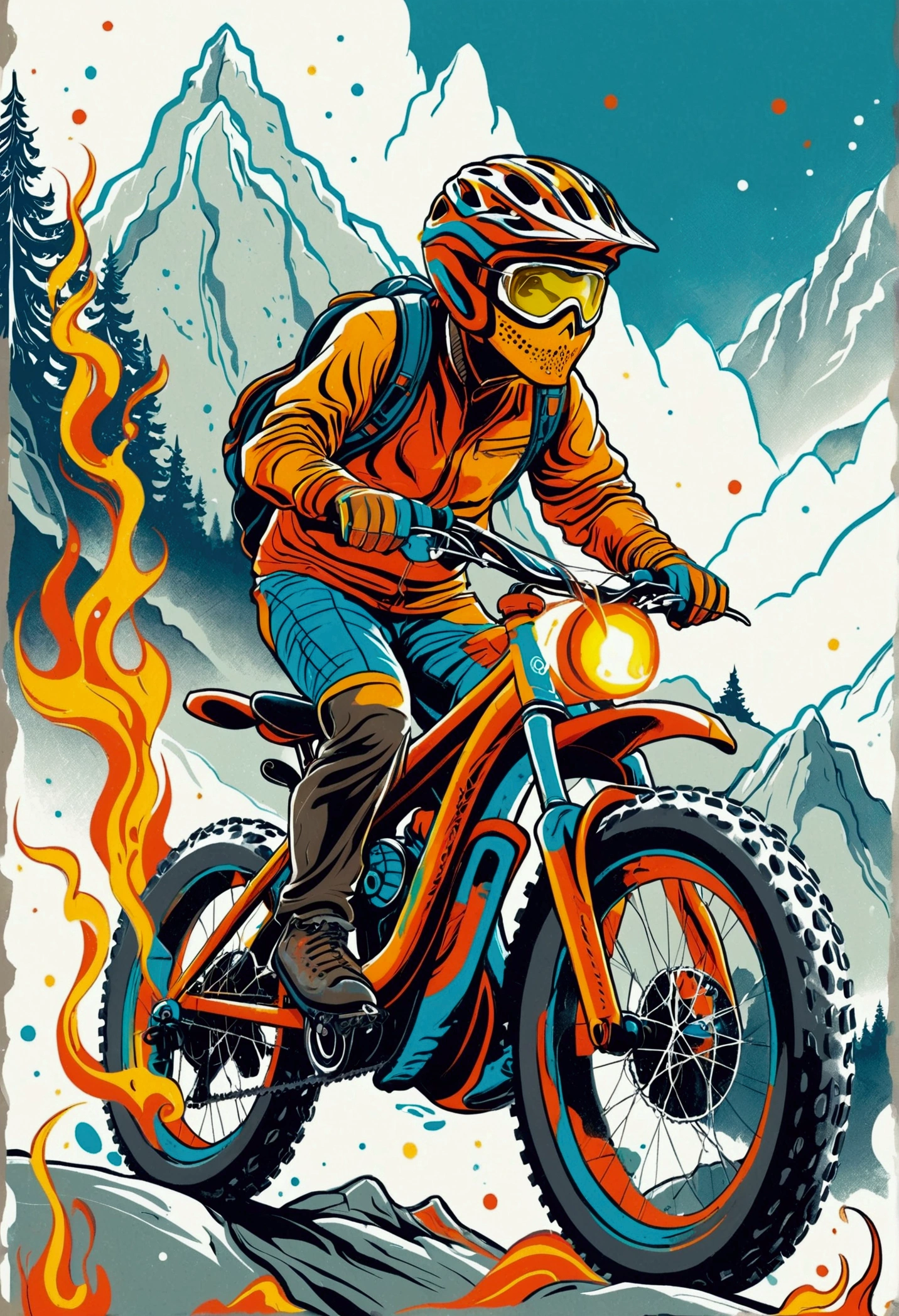 ([negative space:0.8:1.5]), A scary ghost，It embodies the essence of a fearless Mountain bike rider，The whole body is soaked in illusory flames，Emerges from a dramatic and slightly eerie Indian backdrop。Ethnic motifs、Symbols and Indian architectural elements should be clearly visible in the scene，subtly hinting at the geographical origin of the Ghost Mountain bike rider。The figure is wearing a worn leather jacket，Wearing a spiked helmet，astride a heavily modified Mountain bike，the Mountain bike itself appears to be consumed by the same ghostly flames。The overall image should convey a supernatural feeling，in stark contrast to the undeniable love for rampant Mountain bike adventures，colorful cartoon-style illustration from an award winning animated movie, illustrated in bold outlines, showcasing its colors and shapes. The character is depicted adorned colorful energy against a white background, colorful cartoon-style illustration from an award winning animated movie, illustrated in bold outlines, showcasing its colors and shapes. The character is depicted adorned colorful energy against a white background, [mythical creature:0.8]