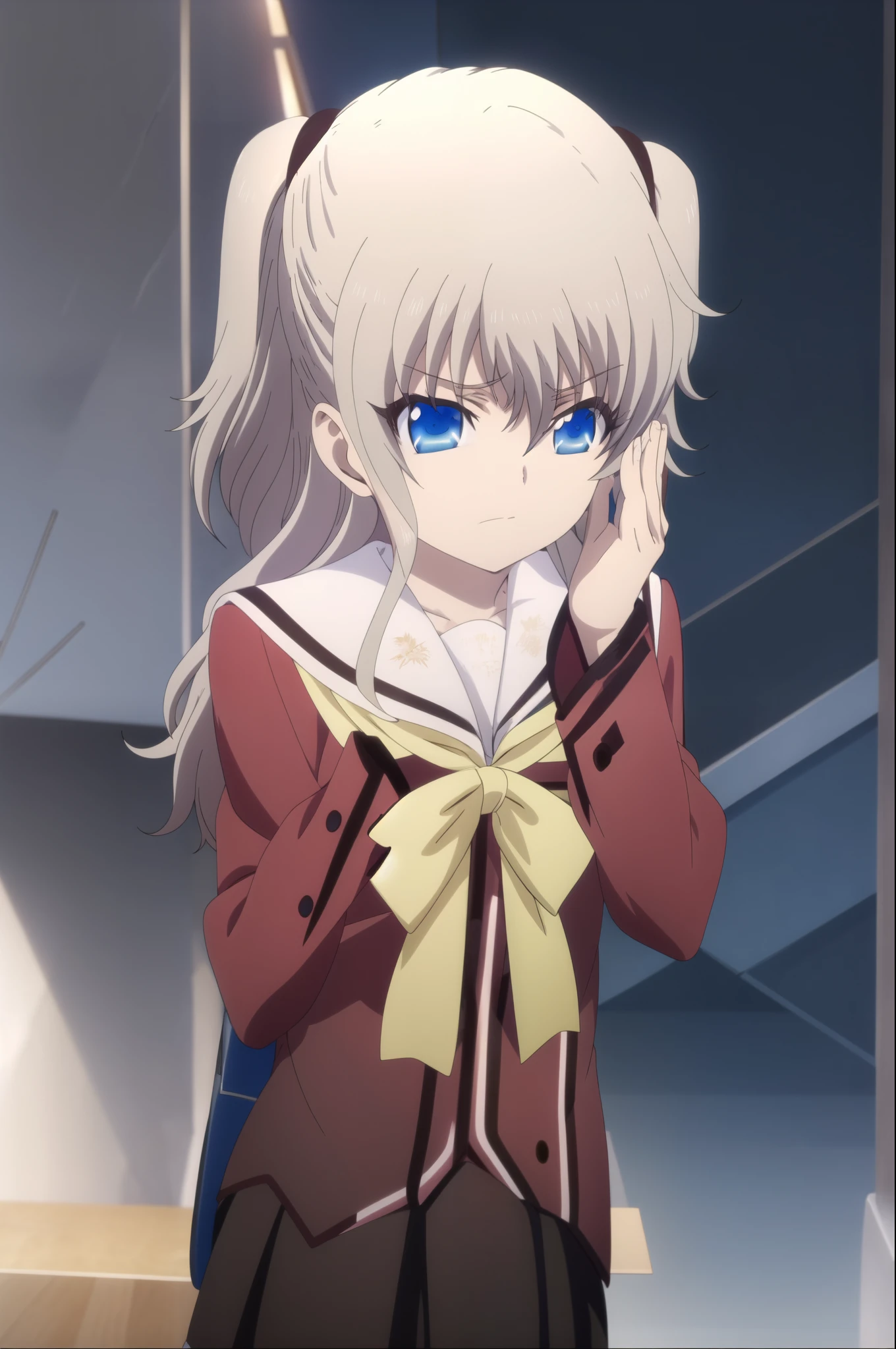 1girl, solo, best quality, masterpiece,   nao tomori,covering face with hand, school uniform, serafuku, sailor collar, hair between eyes, anime style, anime color, 2D