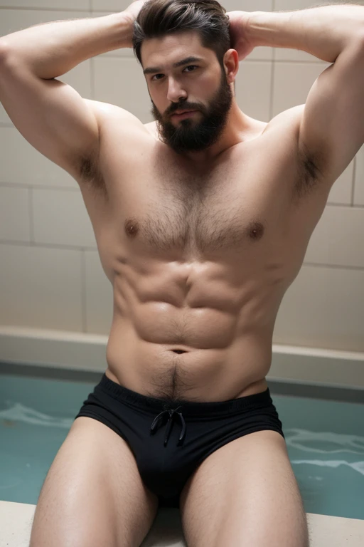 ((best quality)), ((masterpiece)), (detailed), perfect big detailed hairy plump muscle man in bath , beard, dark skin color, skinhead, Japanese men, 