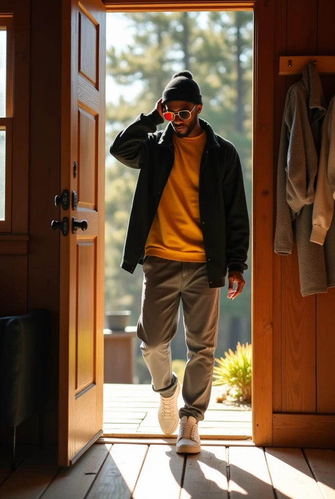 Balack American boy23 years old go to her kabinit and get her black jacket and wereng a yellow shirt and gray pants and white shoes and wereng a bonet and sun glasses *morning*