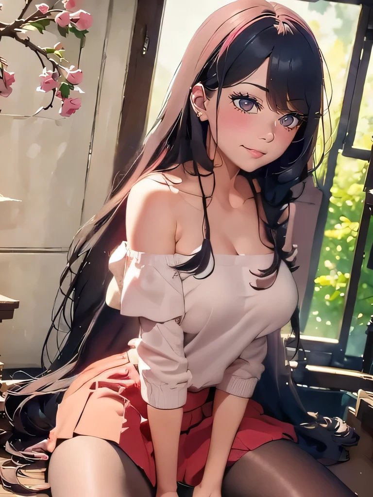 (1girl:1.3), Masterpiece, Best quality, amazing beauty, 4K, absurdres, finely detail, super detailed eye, perfect anatomy, official art, cinematic lighting, BREAK, room, living, bedroom, Japanese-style room, forest/jungle, cherry blossoms, silky medium hair, silky wavy hair, hime cut, red hair, super shiny detailed brown eyes, big eyes, cute eyes, Looking at Viewer(camera), Staring Intently, facing this way, close-mouth, thin lips, closed-mouth smile, pink lips, piercing, sad face, smirk, BREAK , big breasts, slim, pale skin, Are standing, upper body, from front, BREAK , (private clothes:1.2), (One-piece:1.2), (off-shoulder sweater:1.2), (Flared skirt:1.2), (pantyhose:1.2), (high-heels:1.2), BREAK,()