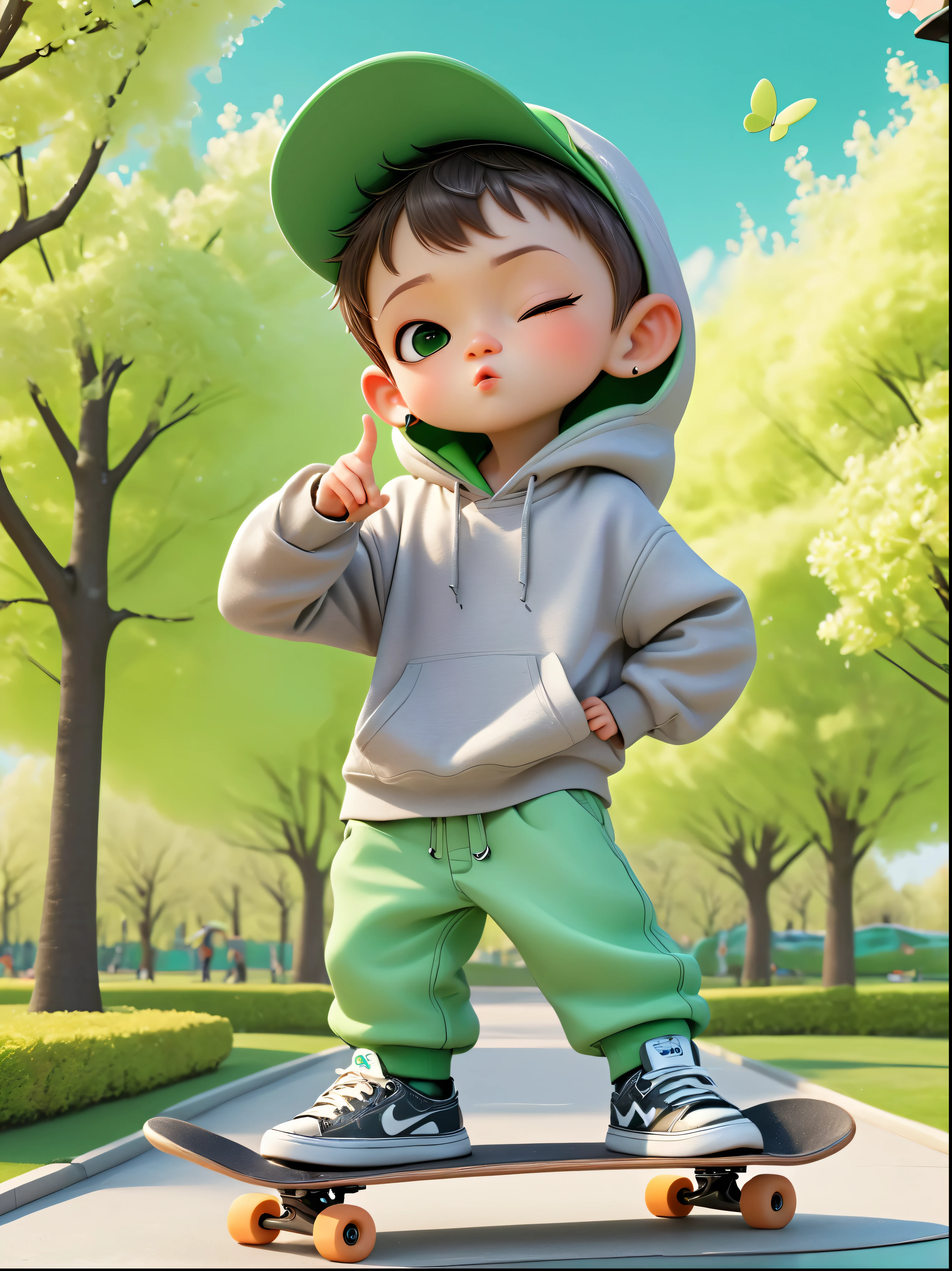 1boy, Wearing hoodieBREAK Grey pants, Green sneakers, Making a V-sign, standing on a skateboard, (Close one eye:1.3), black eyes, Cute ears, Pouting cute little mouth, Cartoon Style, full-body shot,(Park spring beautiful background:1.3),Created with C4D and Blender, Blind box toy styles, Super Detail, Anatomically correct, masterpiece, precise