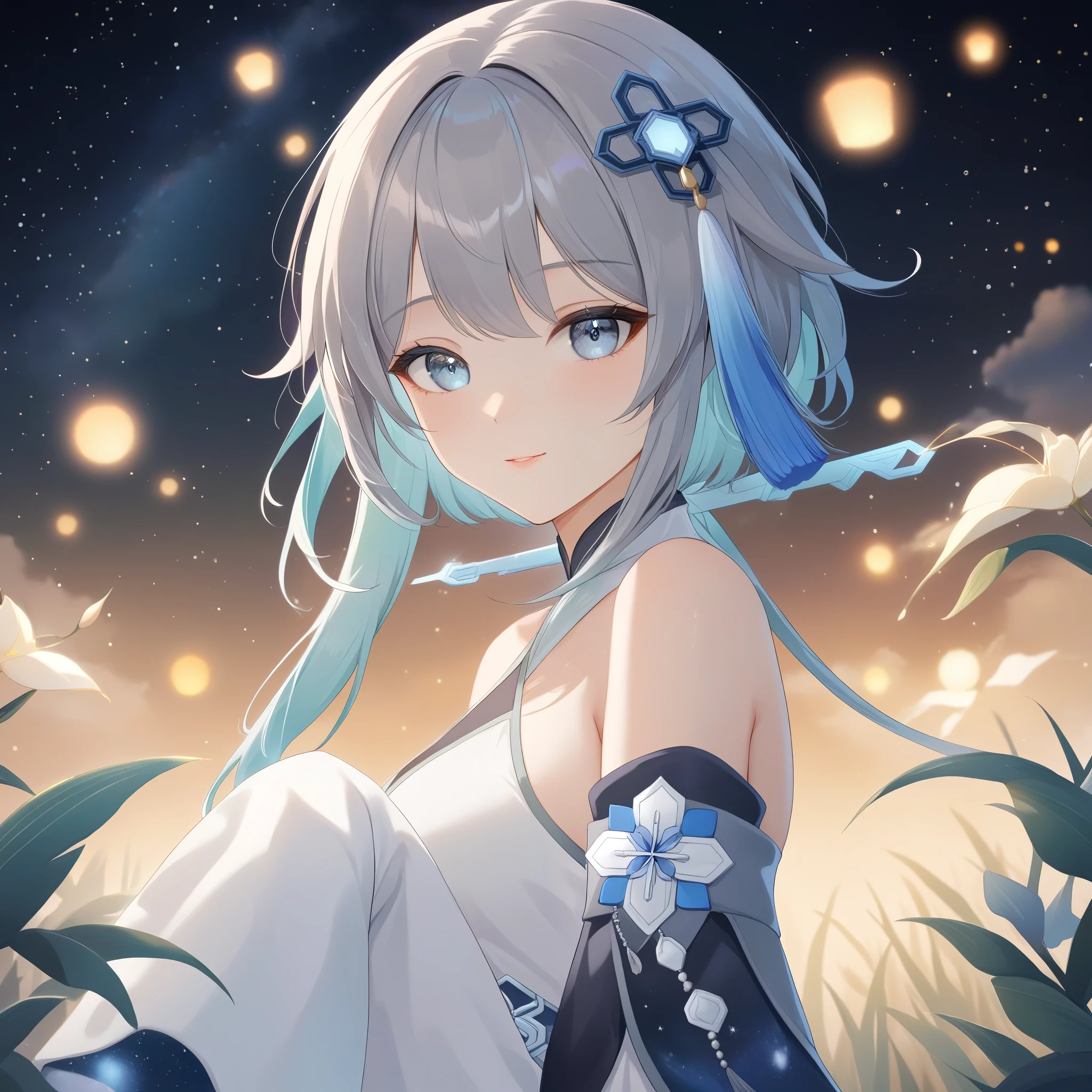 1girl, guizhong_\(genshin_impact\),(grey hair),short_hair_with_long_locks in front and low ponytail in back,gradient_hair,(pale grey eyes with seafoam gradient),starry_sky_print,detached_sleeves white outside blue starry inside, hands completely hidden by long sleeves,stunning field of softly glowing cerulean and white glaze lilies,night scene,gentle smile,face focus, eye focus,ladyshadow,moonlight,glossy lips,vivid anime coloring,cel shading,smooth, soft dreamy focus,anklet,halter_top,white clothes,highly detailed,digital painting,bare_shoulders,barefoot,cool night tones, magical night scene,bokeh, professional,anemo colored fireflies,nebula of stardust and silvery vapor,harmonious blend of nature and art,transcendent beauty,awe-inspiring artwork,(best quality,4k,8k,highres,masterpiece:1.2),cosmic stardust,guizhong, guizhong's def clothes, 1girl, long hair, blue eyes, barefoot, guizhong's dress, hair ornament, chinese clothes, sleeves past fingers,