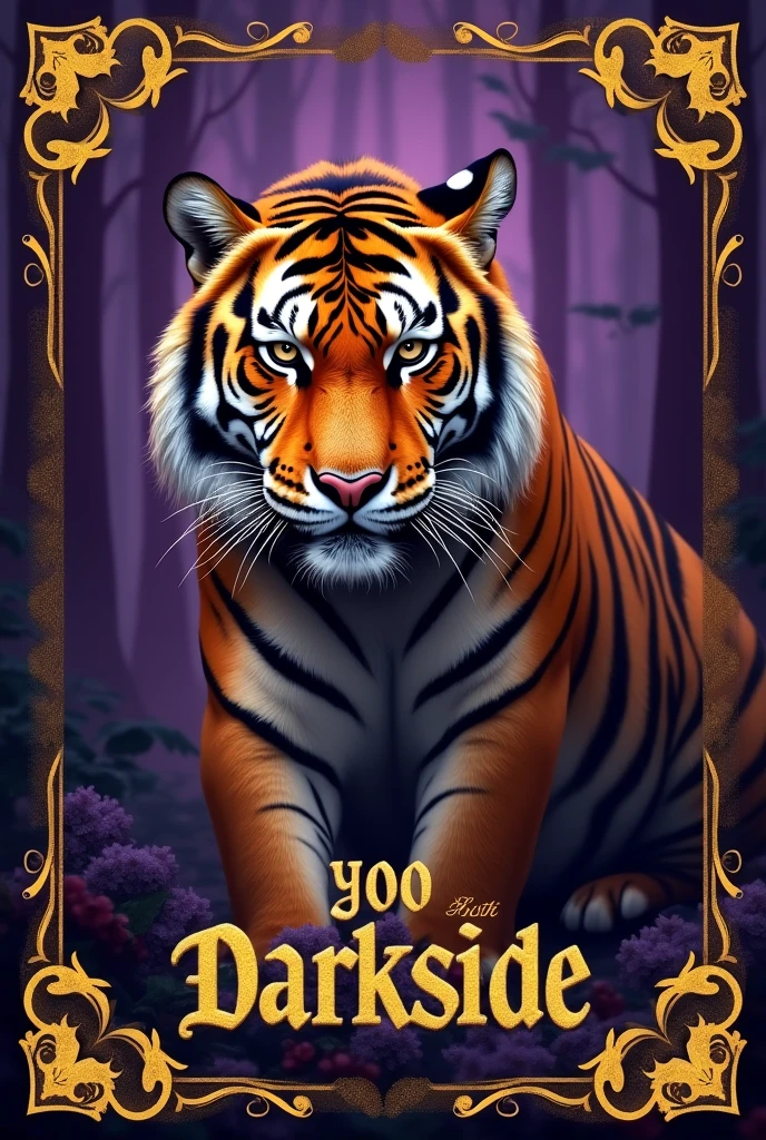 Create a picture with a Bengal tiger from the 2. World War, the background should be Purple And as text YooDarkside (no translation), and as text frame Gold