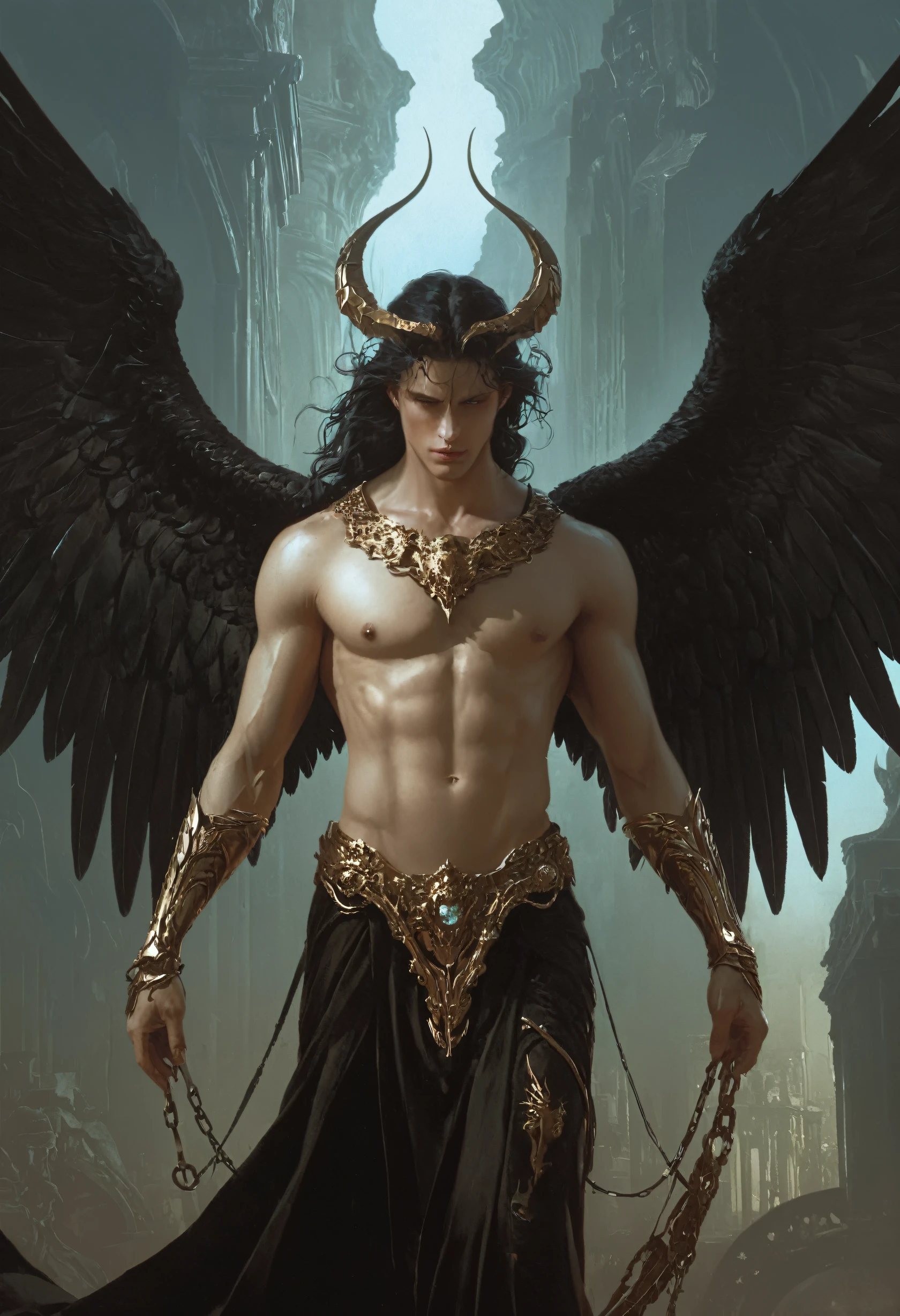 (Nephilim fallen angels) perfect anatomy in the style of Elson Peter, Diego Dyer, Peter Mohrbacher, Karol Bak.