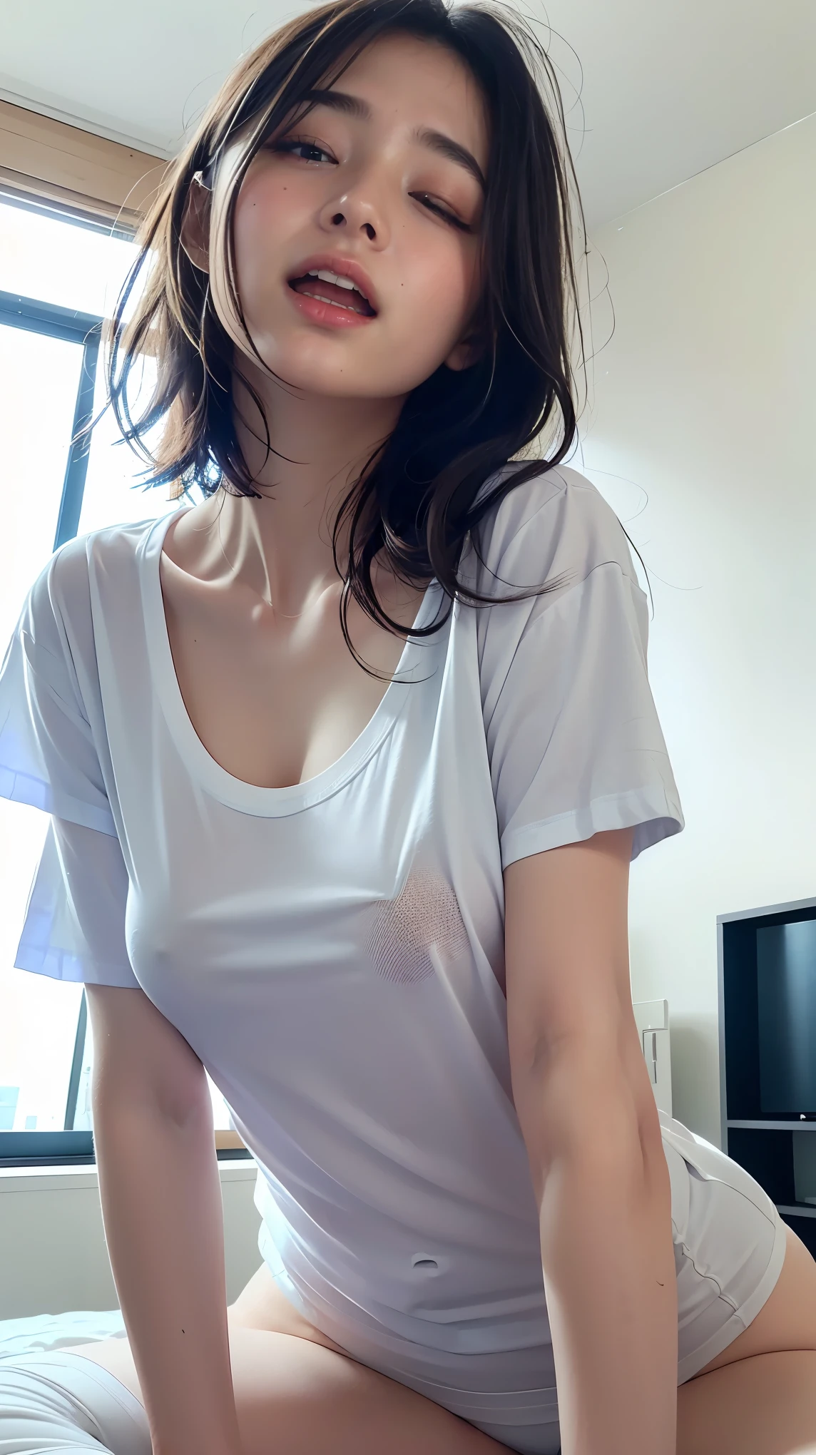 In a hotel room, Age 25, On the bed, ((Dorsal position、Please raise your hips、put in、Deep joy、Severe pain、Ecstatic Eyes:1.2),despair, ((I close one eye and breathe hard:1.2))、Ecstatic face、Natural Makeup, Climax expression、look up、Staring at the ceiling、Endure:1.5)), Through clenched teeth、The whole body is projected, Navy Blue Bloomer:1.5)), ((White T-shirt:1.5)),The cutest gravure idol pose in the world、Perfect Proportions、cute、((18-year-old female:1.ung and adorable Japanese face,Huge cleavage、Thighs Thighs Thighs Thighs、Official Art,Highly detailed CG Unity 8k wallpaper, (masterpiece:1.0),(Highest quality:1.0), photo shoot, 8k, Browsing Caution, High resolution, Kodak Portrait 400, Film Grain, Lens flare brilliance,View your audience